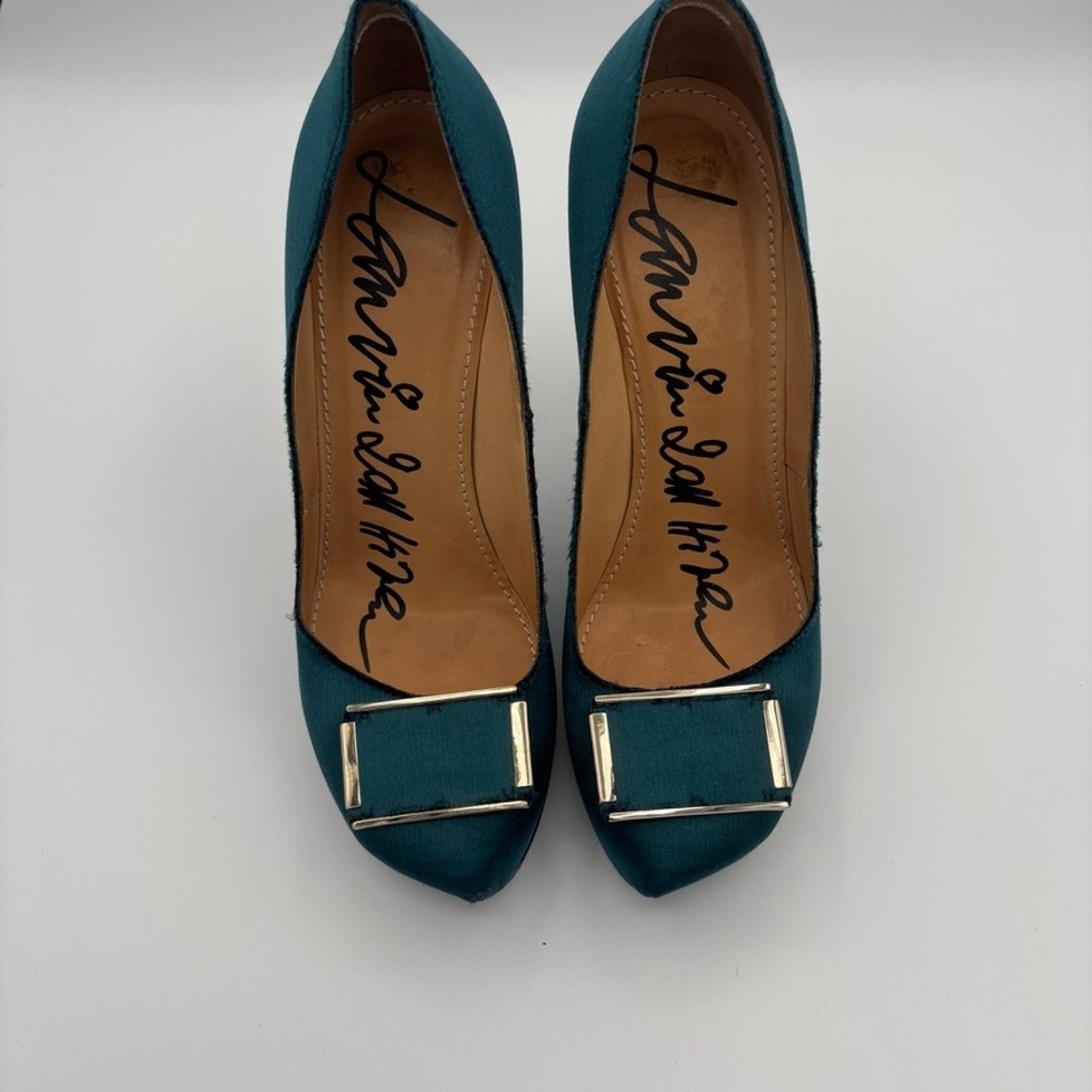 Lanvin Platform Pumps Women Sz 39 Teal Satin Buckle Stiletto Heel Luxury - Picture 9 of 16